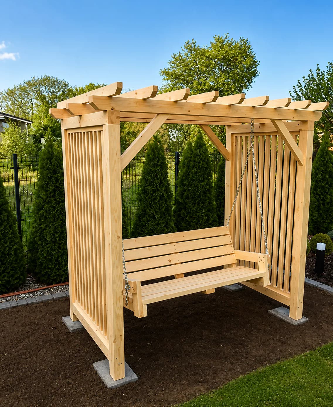 Drewniana pergola z huśtawką w ogrodzie
